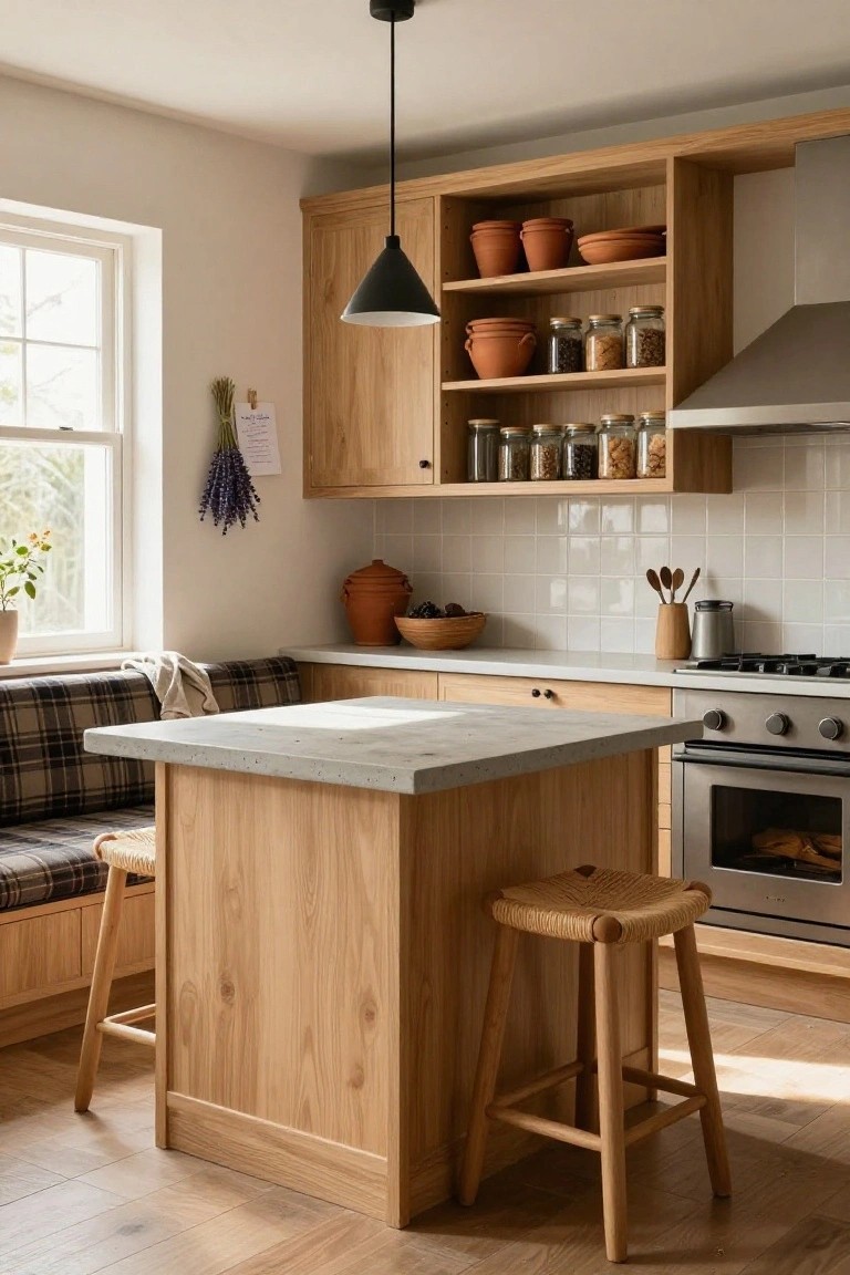 Bright kitchen interior with light oak cabinets, open shelves holding terracotta pots and jars, white subway tile backsplash, wooden island topped with light concrete and integrated plaid banquette seating with two woven wood stools, gas range, and window light.
