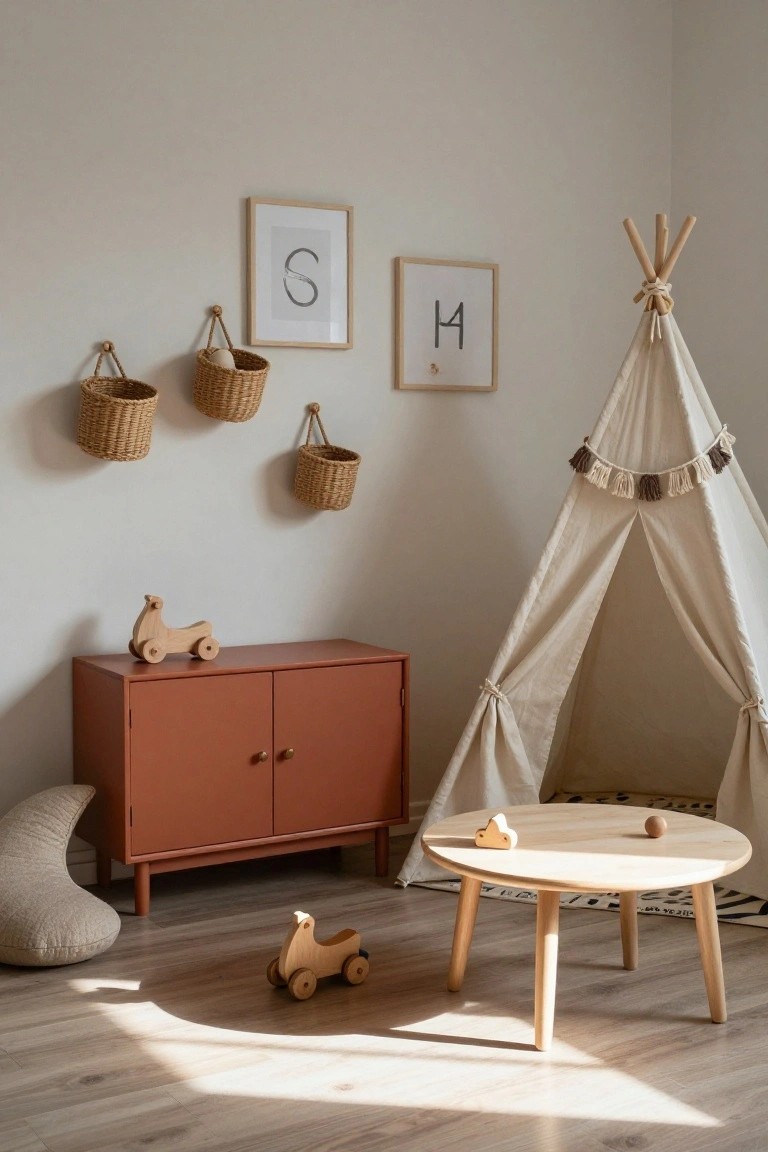 A light beige children's playroom with a white canvas teepee tent in the corner, wooden horse and car pull toys on the floor and a round wooden table, red wooden cabinet, beige pouf, woven wall baskets, and framed letter prints.