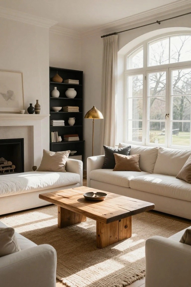 Bright living room featuring two white cream sofas arranged around a rectangular wooden coffee table on a seagrass rug, with black bookshelves, a gold floor lamp, white fireplace, and large arched window overlooking trees and lawn.