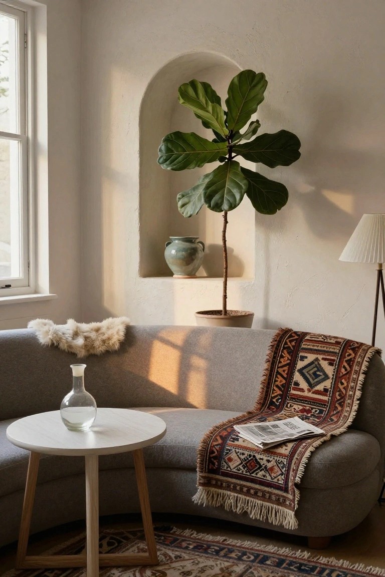 Curved gray sofa in a light-filled room corner draped with a red and cream kilim rug and white sheepskin throw, white round side table holding a clear glass vase, large ficus plant in arched wall alcove, and arched window nearby.