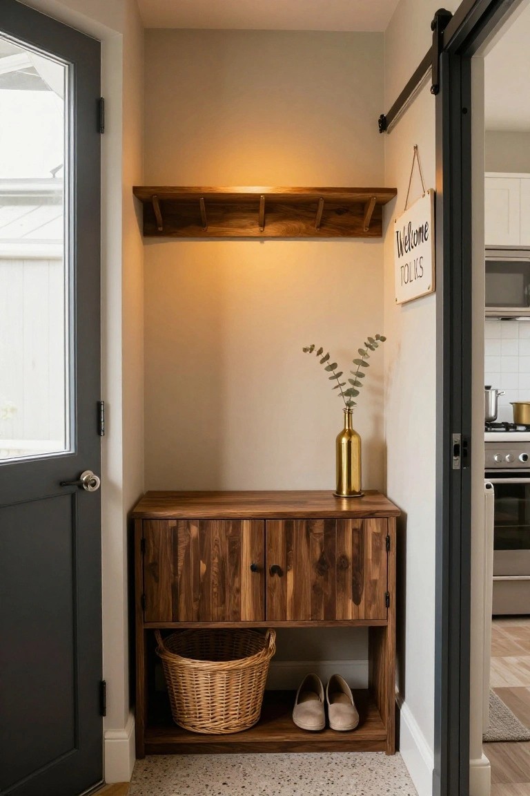 Entryway nook with dark front door on left, wooden wall shelf with hooks above, walnut console table holding gold vase with eucalyptus leaves and wicker basket with beige shoes underneath, beside black sliding barn door to white kitchen.