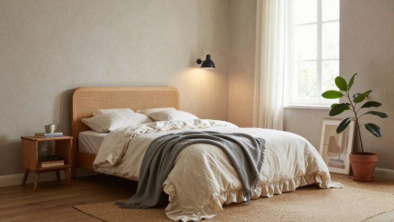 A cozy bedroom corner featuring a low wooden bed with rattan headboard, rumpled white linens and gray throw, wooden nightstand with stacked books and ceramic mug, potted plant, black wall lamp, sheer curtains on window, and seagrass rug on light wood floor.