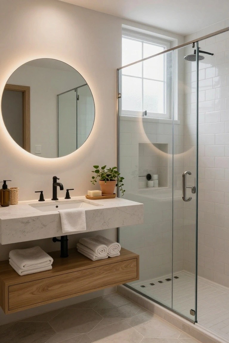 Modern bathroom with floating white quartz vanity, oak shelf below holding stacked white towels, round backlit mirror above sink, glass shower enclosure with white subway tile walls and niche, potted plant on counter.