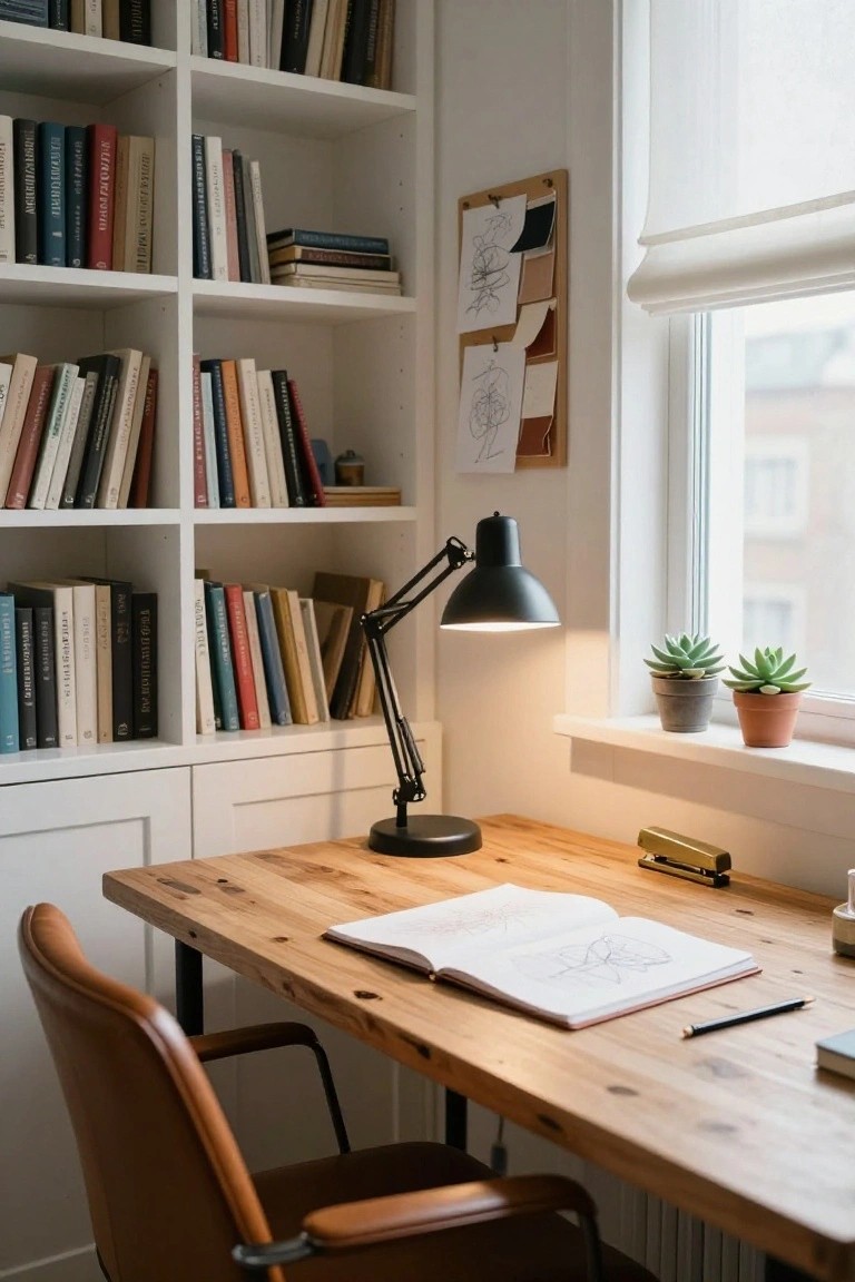 A cozy indoor home office with tall white bookshelves filled with colorful books, a wooden desk holding an open sketchbook and pencil, black adjustable desk lamp, brown leather chair, corkboard on wall, and two small potted succulents on windowsill.
