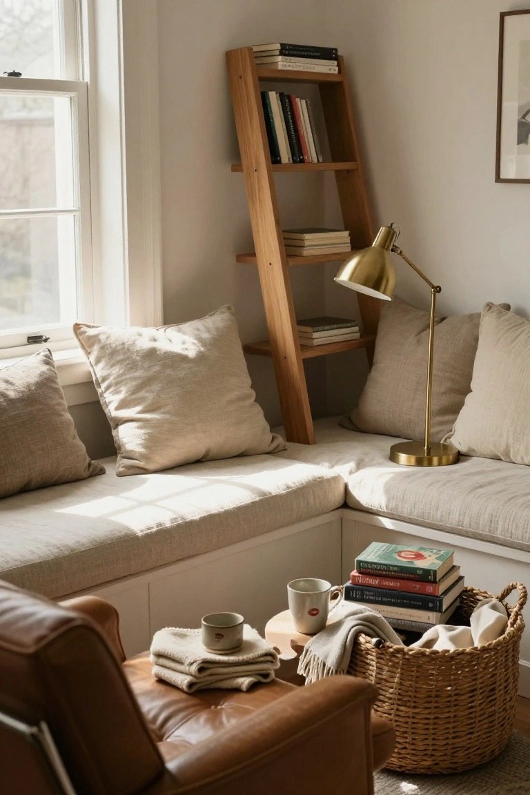 Cozy indoor corner with wooden ladder bookshelf filled with books, beige linen cushions on a built-in window seat banquette, brass desk lamp, brown leather armchair, and woven basket holding stacked books, mugs, and folded linens.