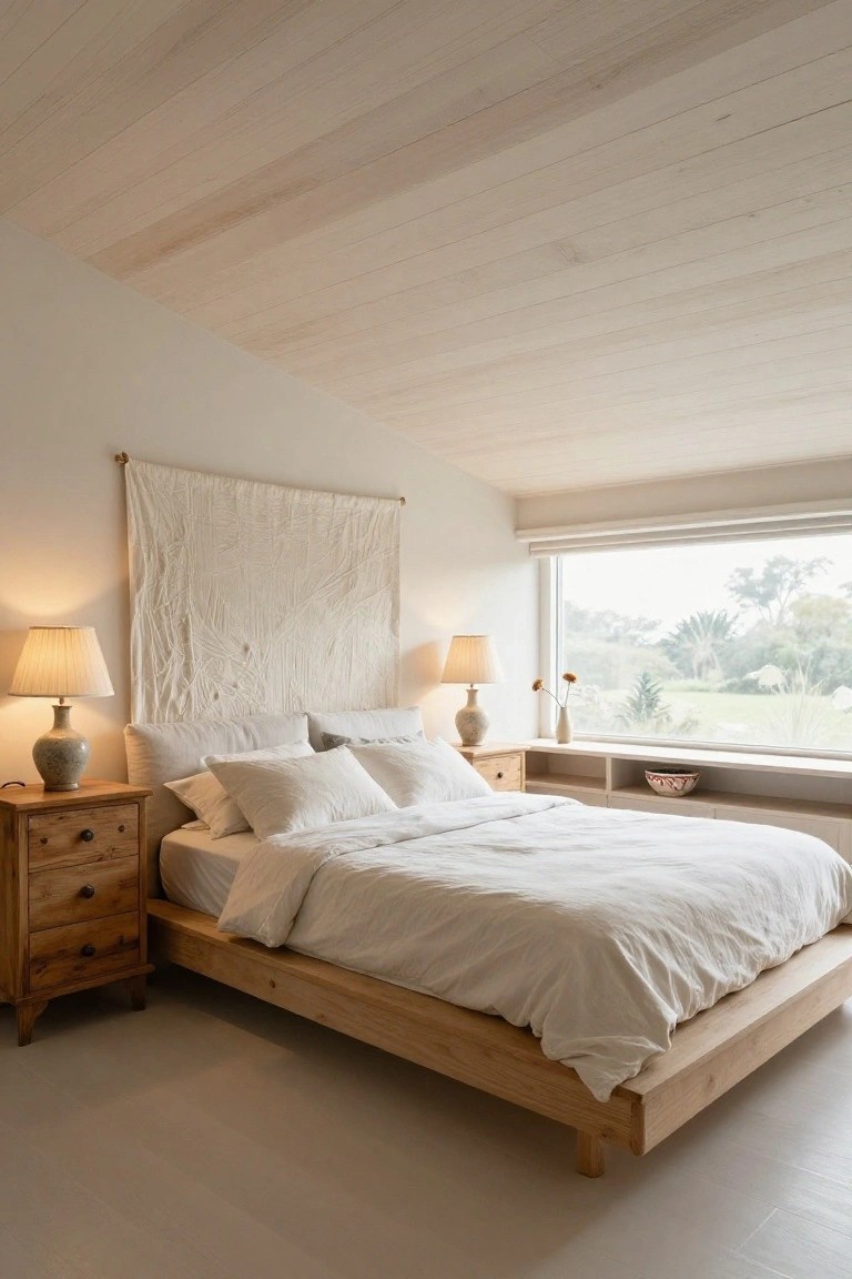 Bedroom with sloped light wood plank ceiling, low wooden platform bed draped in white linens, matching nightstands topped with ceramic lamps, large window with built-in bench and garden view.