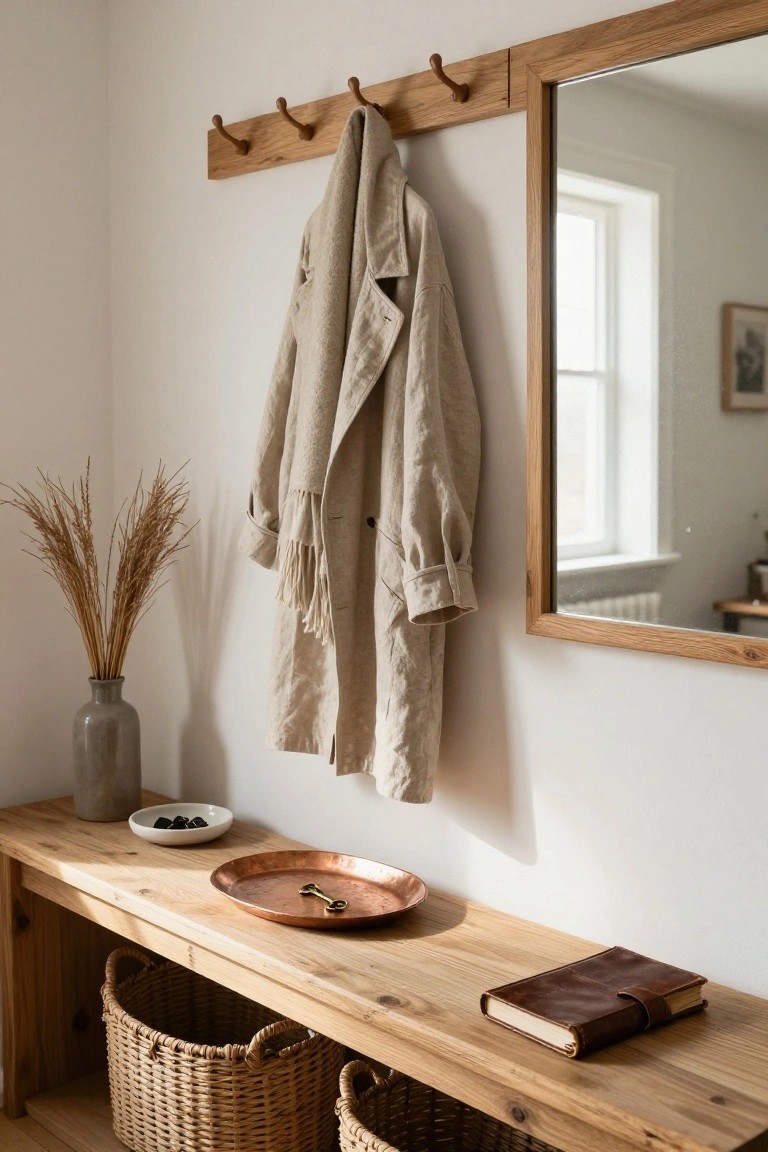 Entryway corner with wooden bench topped by copper tray holding keys, white bowl with black stones, leather notebook, and gray vase of dried pampas grass; oak hooks with hanging beige linen coat next to wooden-framed mirror; two woven baskets stored underneath.