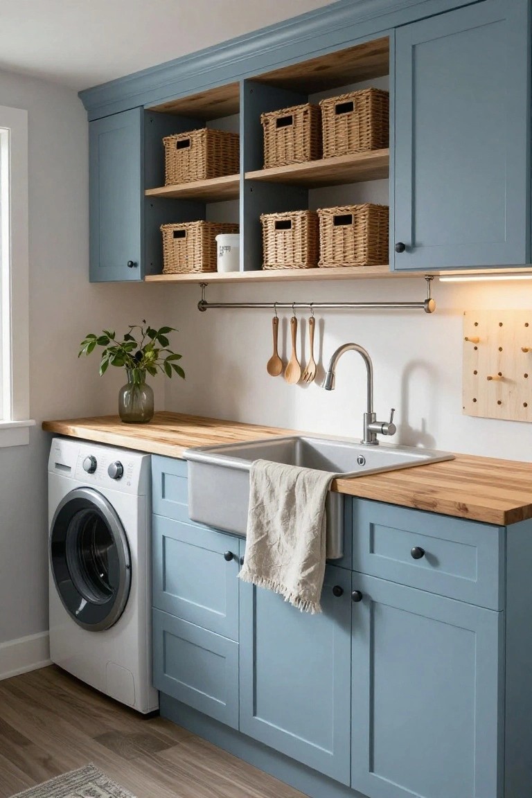 Laundry room with light blue shaker cabinets, oak wood countertop and sink, white front-load washer, open wood shelves holding multiple wicker baskets, hanging wooden utensils, potted plant, and window light.