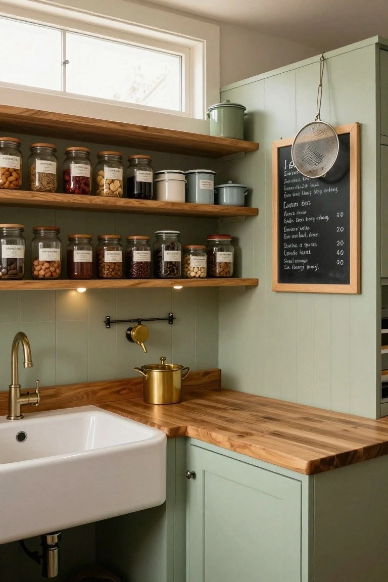 Sage green kitchen corner featuring wooden open shelves with glass jars of nuts, beans, grains, and dried fruit, wooden countertop, white farmhouse sink with brass faucet, gold teapot, hanging metal strainer, and chalkboard menu on paneled wall.