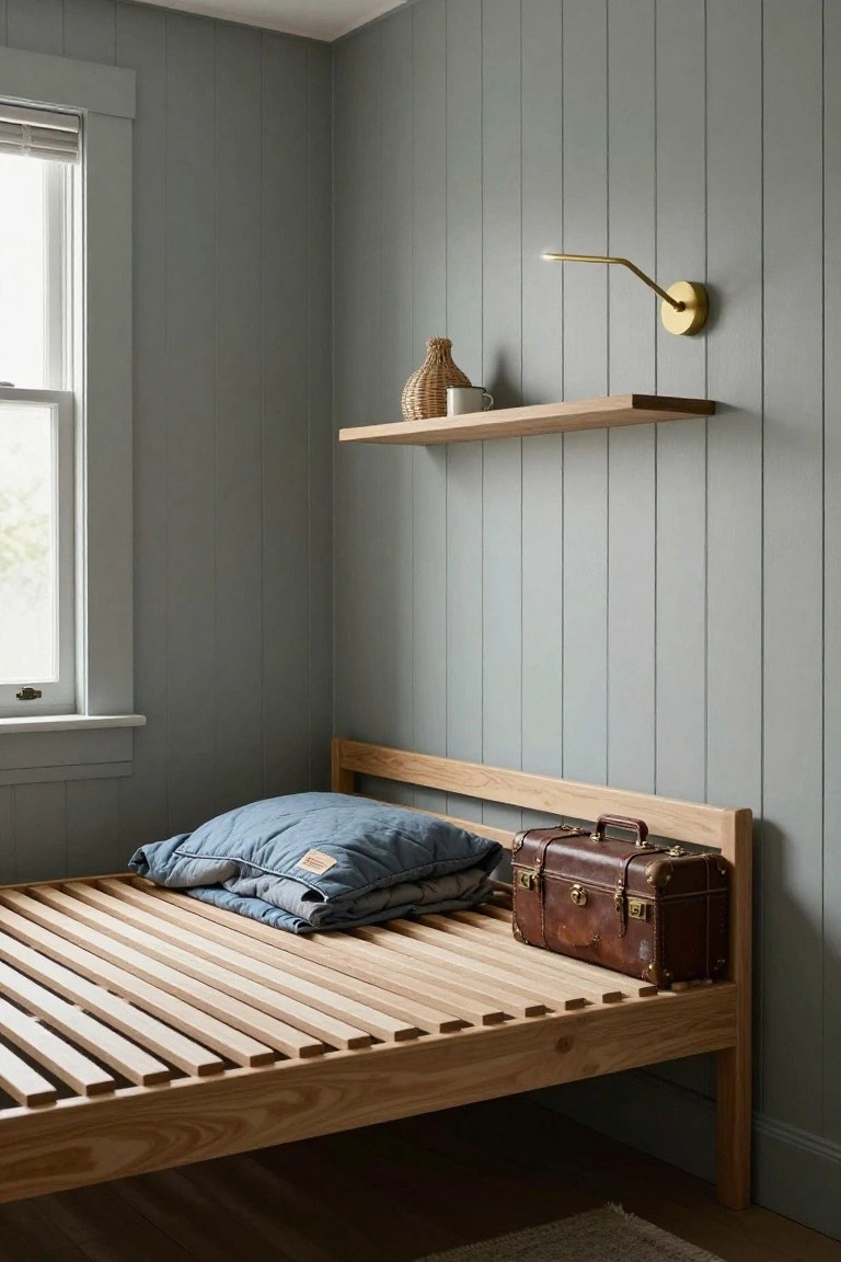 Corner view of a bedroom with pale blue-gray vertical shiplap walls, wooden slat bed frame with blue bedding and brown suitcase, wooden floating shelf holding a vase and mug, brass wall light, and window with blinds.