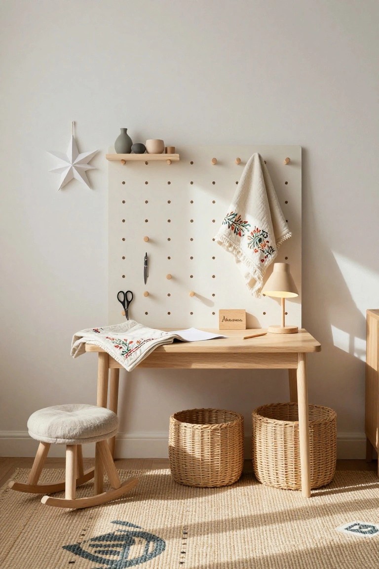 Light wooden child's desk with papers, pencil, lamp, and embroidered cloth on top, cushioned stool and wooden rocking stool nearby, white pegboard wall with hooks holding scissors and towel, shelves with ceramics, wicker baskets on floor, and seagrass rug in a bright room.