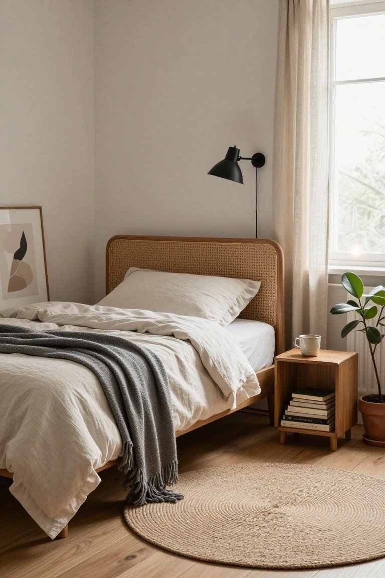 A cozy bedroom corner featuring a low wooden bed with rattan headboard, rumpled white linens and gray throw, wooden nightstand with stacked books and ceramic mug, potted plant, black wall lamp, sheer curtains on window, and seagrass rug on light wood floor.