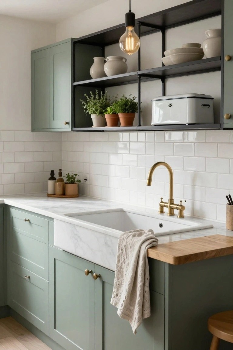 A kitchen interior with sage green cabinets, white subway tile backsplash, white farmhouse sink in marble countertop, brass faucet, black metal open shelving holding dishes and plants, and a wood stool nearby.