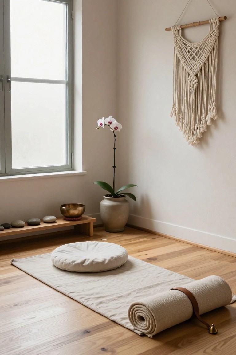 A light neutral room corner featuring a beige meditation mat with white round cushion, rolled linen yoga mat, wooden shelf with singing bowl and stones, potted orchid plant, and beige macrame wall hanging next to a large window.