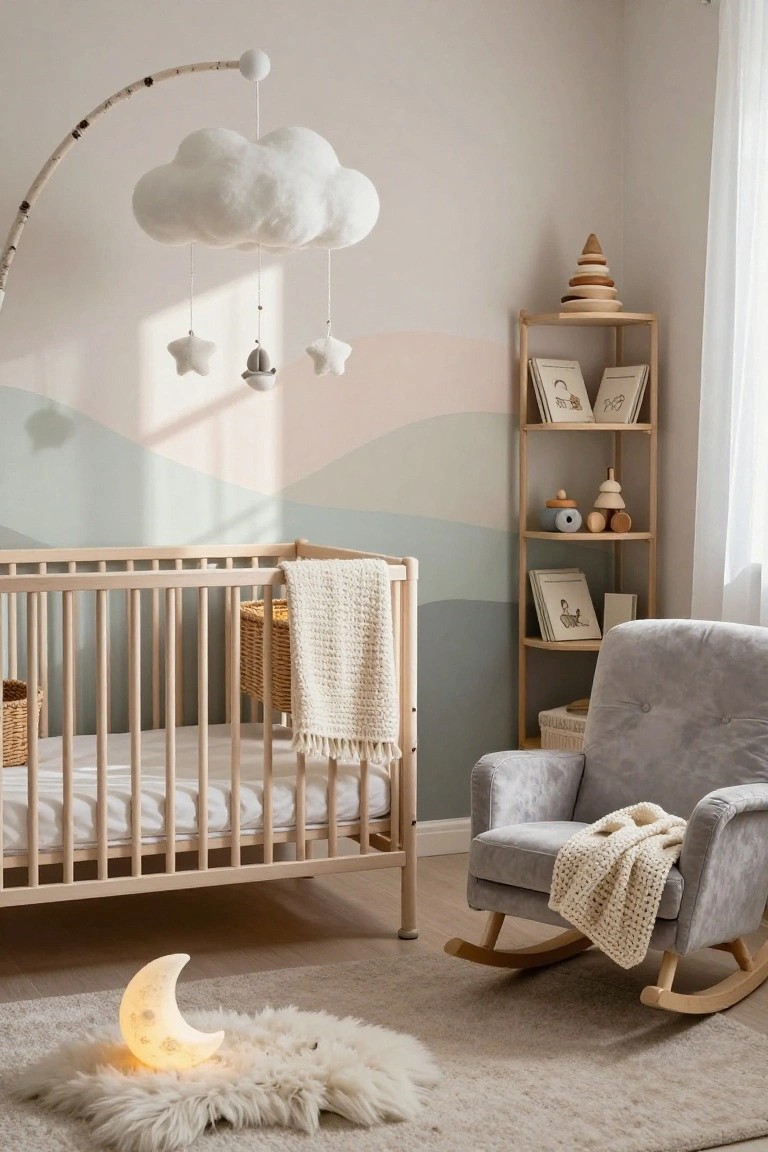 A Scandinavian nursery with light wooden crib draped in white blankets, tall wooden shelf holding toys and books, gray rocking chair with throw, cloud mobile overhead, moon-shaped lamp on sheepskin rug, and walls painted in soft pink-to-teal gradient waves.