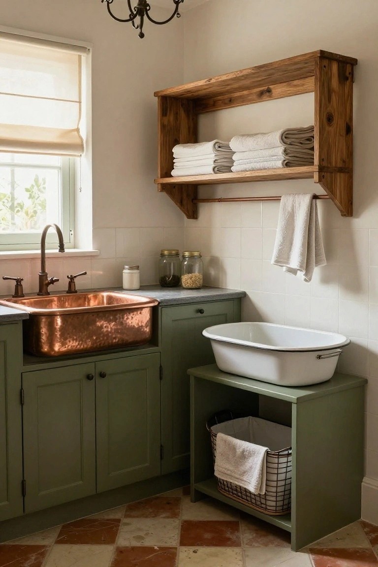 Interior view of a laundry room with a hammered copper farmhouse sink in sage green cabinets, wooden open shelves holding stacked white towels, a white enamel basin on a matching stool with a wire basket, white subway tiles, and terracotta floor tiles.
