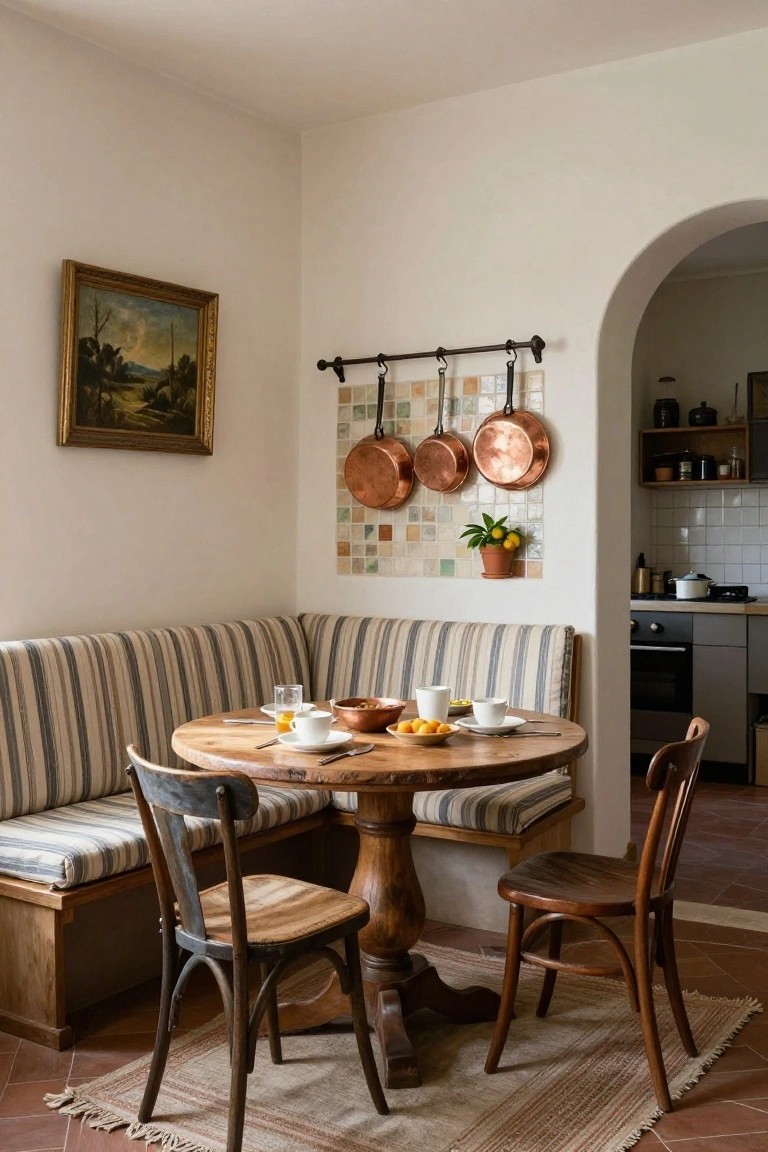A corner banquette with blue and white striped cushions wraps around a round wooden pedestal table set with plates, cups, oranges, and a bowl in a white-walled kitchen with hanging copper pots on a tiled wall, arched doorway, and terracotta tile floor.