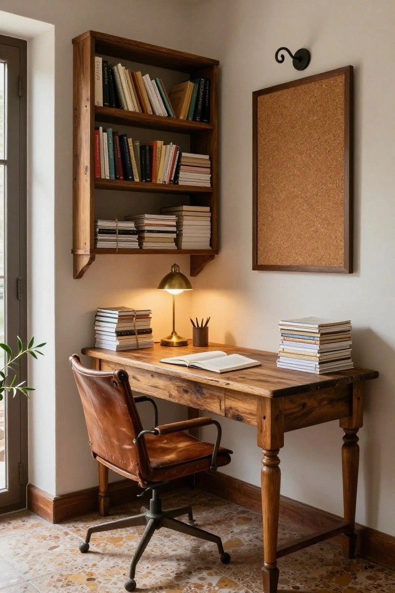 Corner interior with built-in wooden bookshelves holding books and stacked papers, rustic wooden desk with open notebook, desk lamp, leather armchair, corkboard on wall, potted plant, and door nearby.