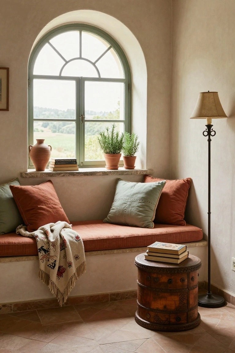 Interior corner featuring a cushioned bench under a green-framed arched window with countryside view, orange and green pillows, fringed throw blanket, stacked books, potted rosemary plants, terracotta vase, floor lamp, and wooden stool on terracotta tile floor.