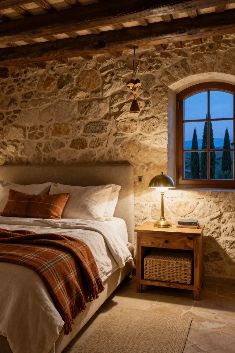 Cozy bedroom interior with exposed beige stone walls, dark wooden ceiling beams, upholstered bed with white linens orange plaid throw and pillows, wooden nightstand with brass lamp woven basket book and small device, arched wooden window showing cypress trees at dusk.