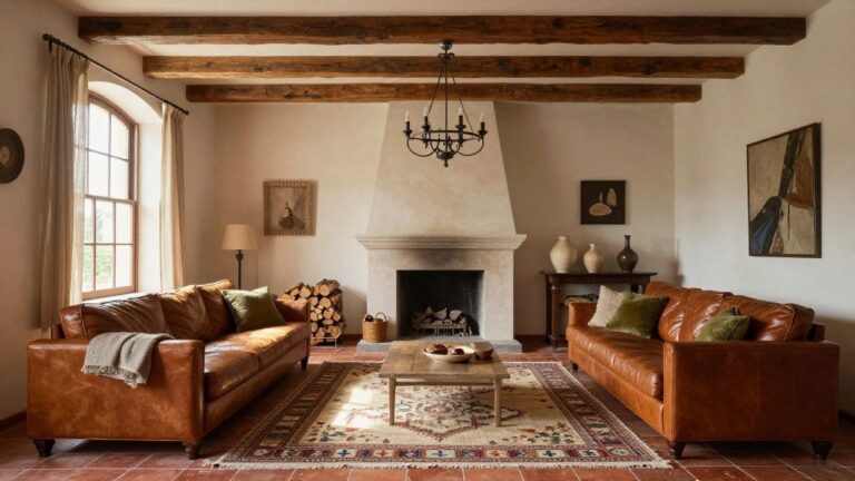 Living room interior with terracotta tile floors, tan leather sofa with green pillows, low wooden coffee table, stone fireplace with logs, terracotta pottery, woven basket, arched window with cream curtains, and wooden beamed ceiling.