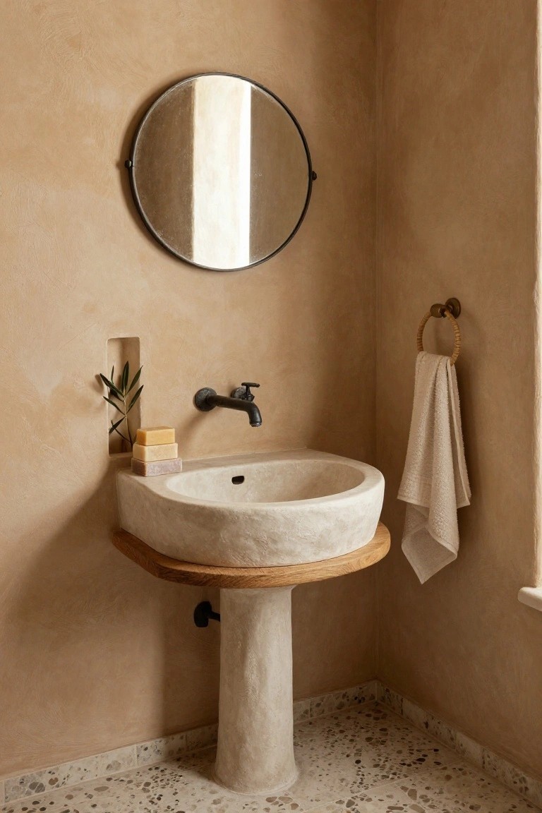Corner bathroom vanity with round textured white stone sink on oak wood pedestal base, black wall-mounted faucet, stacked yellow and brown soap bars nearby, olive branch in wall niche, white towels on rattan towel ring, round black-framed mirror on beige plaster wall, terrazzo pebble floor.