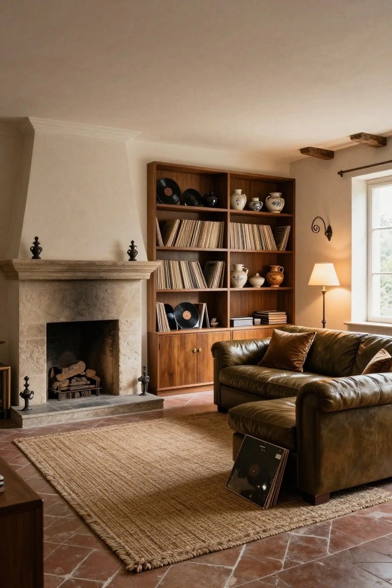 Cozy living room with tall wooden bookshelves filled with vinyl records, books, and ceramics, stone fireplace, green leather sofa, seagrass rug, and terracotta tile floor.