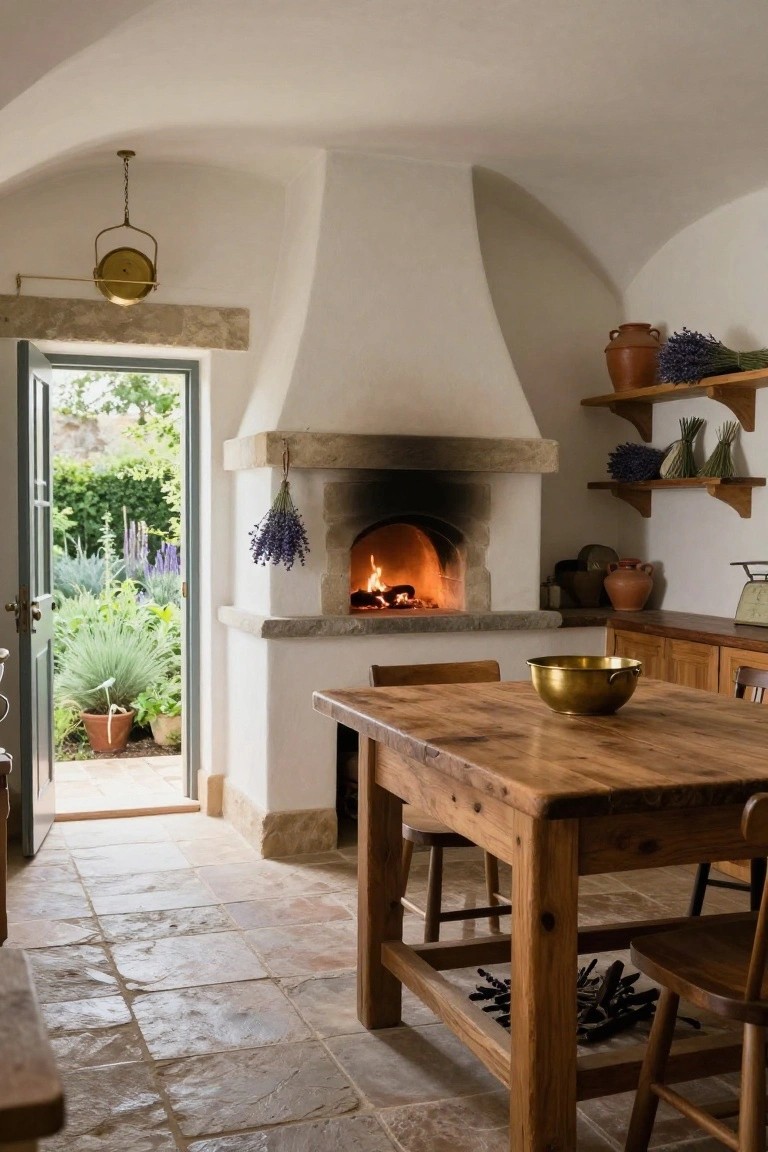 Whitewashed arched kitchen interior with lit stone wood-burning oven, wooden dining table and chairs, shelves holding pottery and lavender, open door revealing garden, terracotta tile floor.