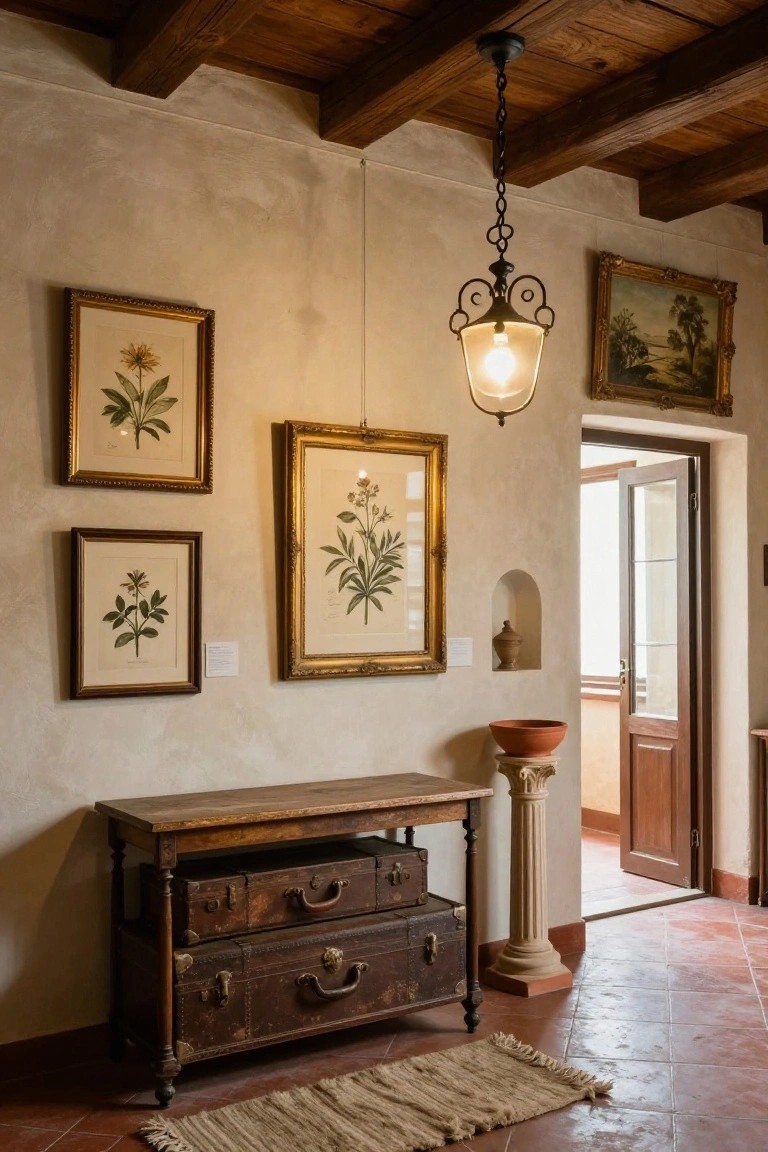 Rustic wooden console table in a beige plaster-walled hallway holds two stacked antique brown leather suitcases with brass fittings, next to a stone pedestal with a terracotta bowl, botanical prints on walls, wooden beams overhead, and terracotta tile floor.