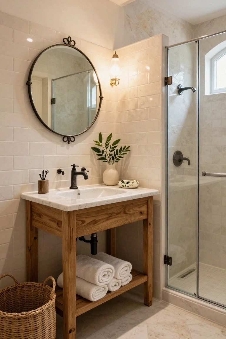 Bathroom with rustic wooden vanity under white sink, open shelf holding towels and basket, round metal mirror, subway tile walls, and glass shower enclosure.