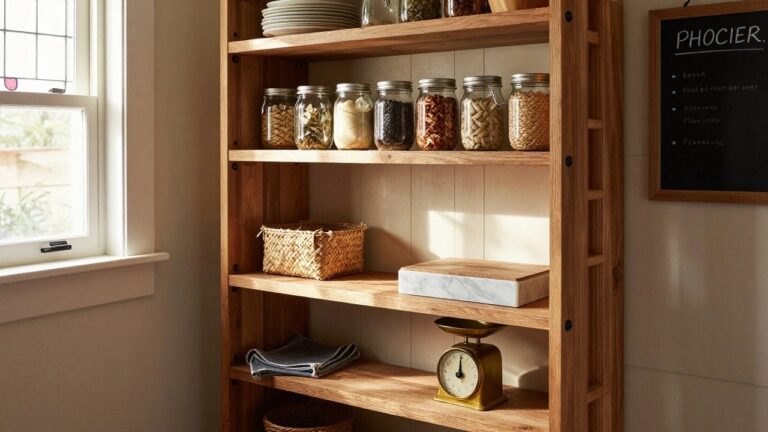 Wooden open shelving unit in a pantry stocked with labeled glass jars of dry goods and liquids, woven baskets, a brass scale, and chalkboard signs.