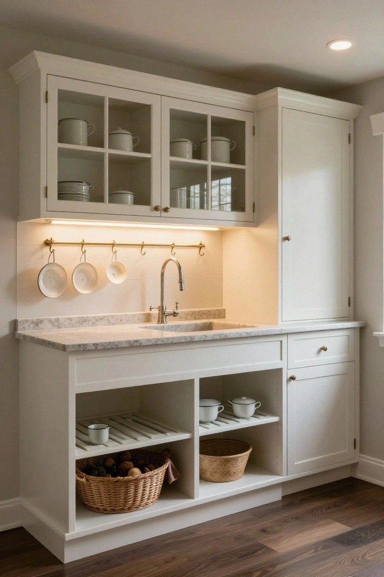 White shaker-style pantry cabinetry with glass-front upper doors displaying white enamel pots, bowls, and dishes, a small integrated sink on gray marble countertop, hanging white mugs on brass rail, and open lower shelves holding woven baskets and jars.