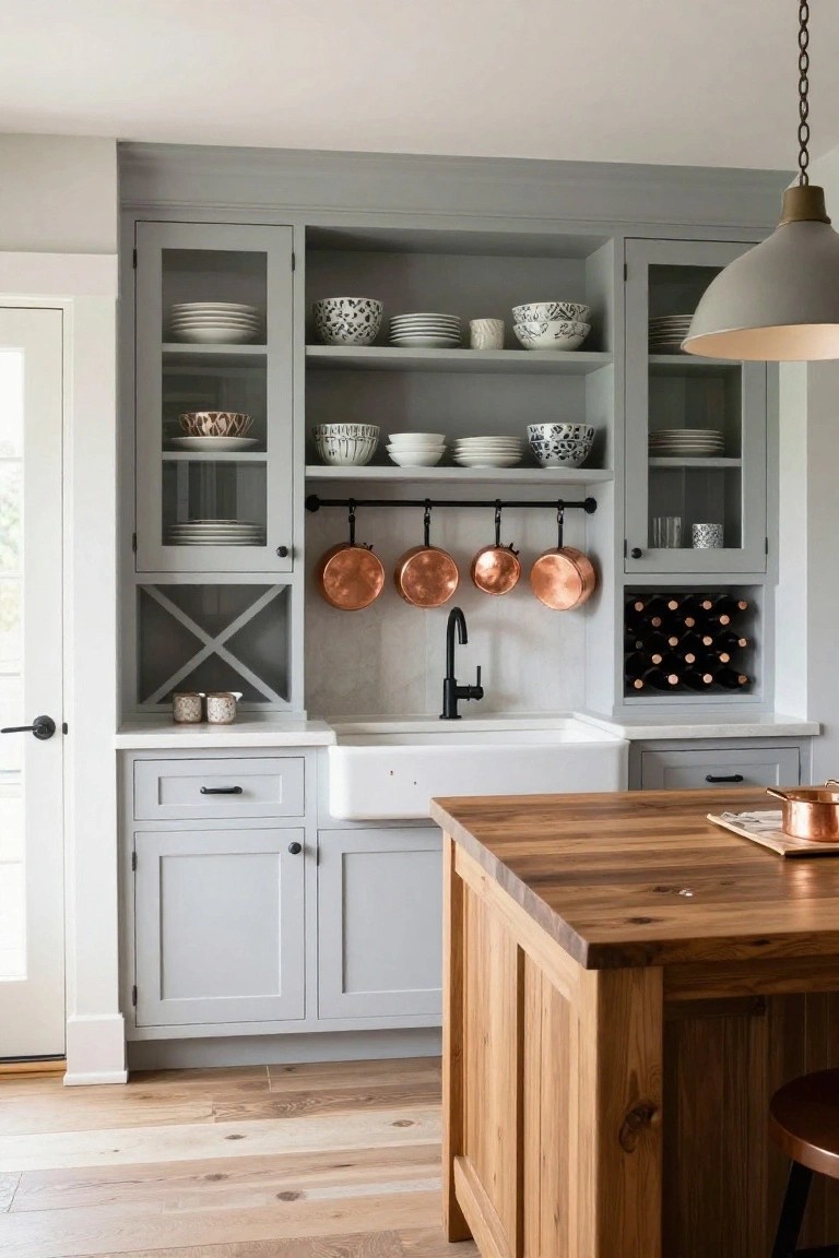 Gray shaker-style kitchen cabinets with glass doors displaying white plates, bowls, and cups, copper pots hanging on a black rail above a white farmhouse sink, built-in wine rack, wooden island, and hardwood floors.