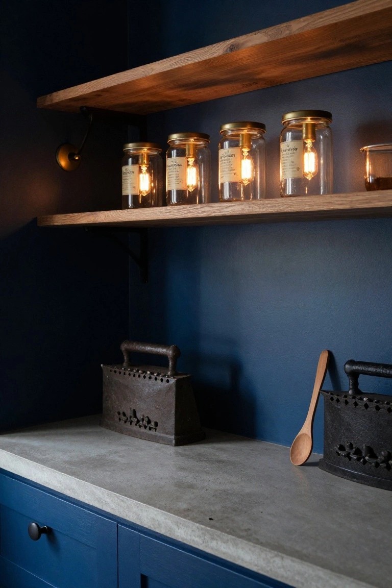 Navy blue pantry corner featuring wooden shelves with glass jars containing lit Edison bulbs, concrete countertop with vintage cast iron irons and a wooden spoon.