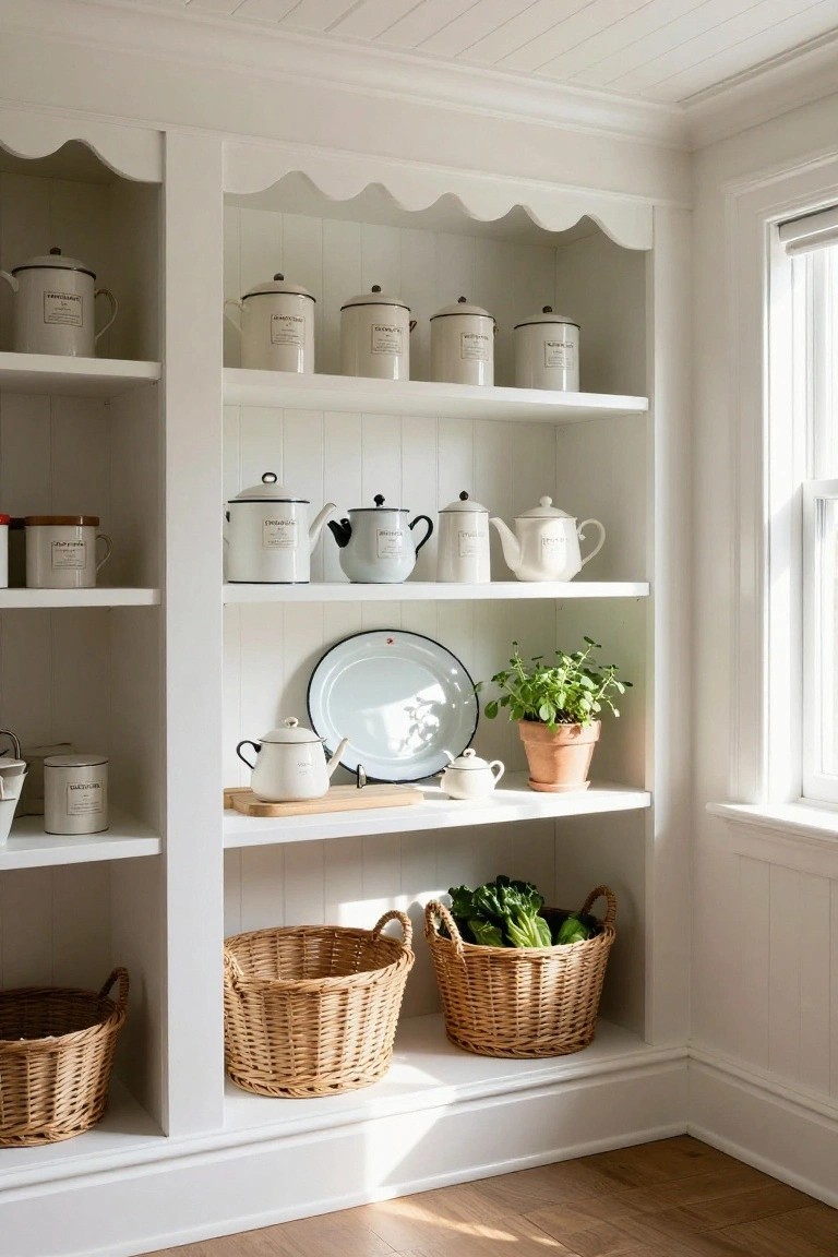 Corner open shelving unit with white scalloped edges displaying labeled white enamelware canisters, teapots, a plate, potted herb plant, and woven baskets with produce in a white-walled room.