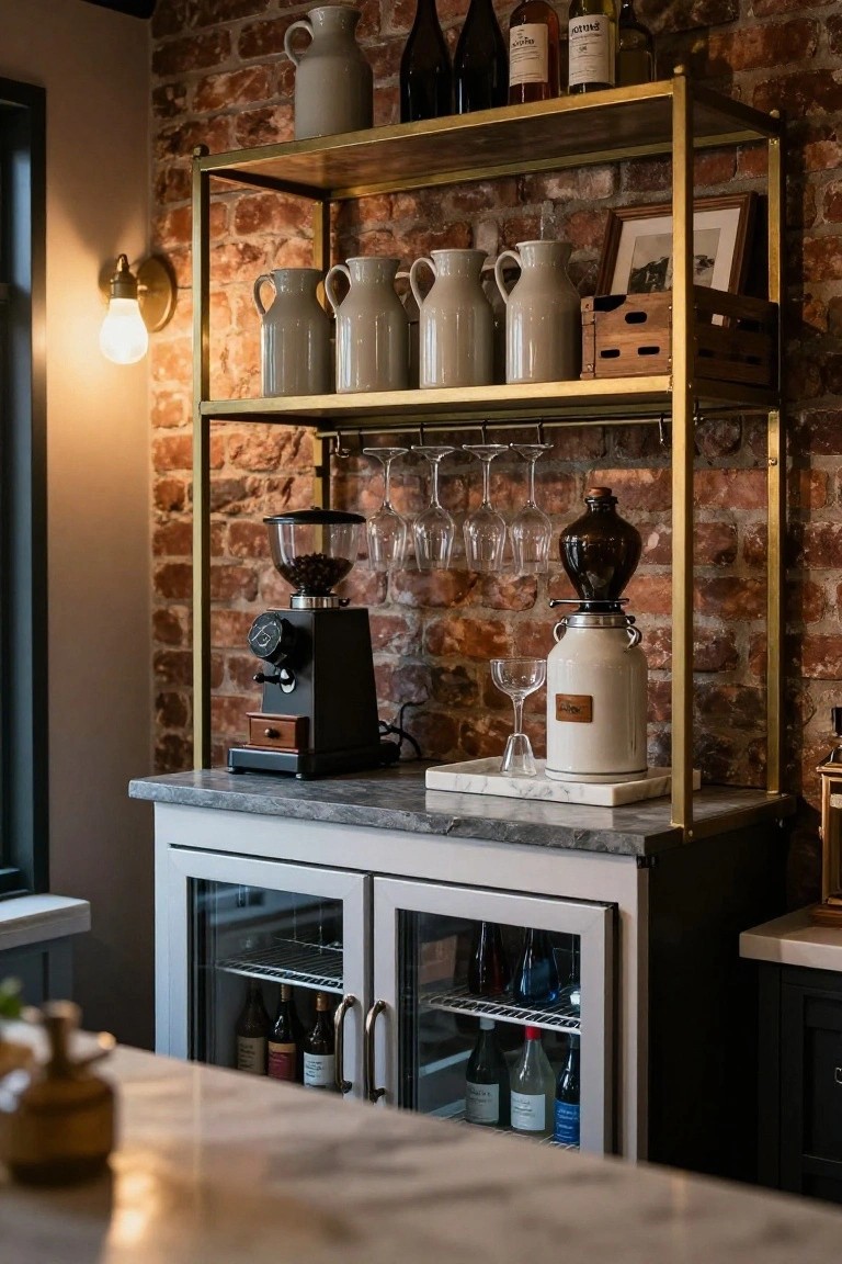Interior view of a farmhouse kitchen bar area with gold metal open shelving displaying white jugs, wine bottles, glasses, and ceramics against an exposed brick wall, plus a coffee grinder on the gray marble countertop and a glass-door wine fridge below.