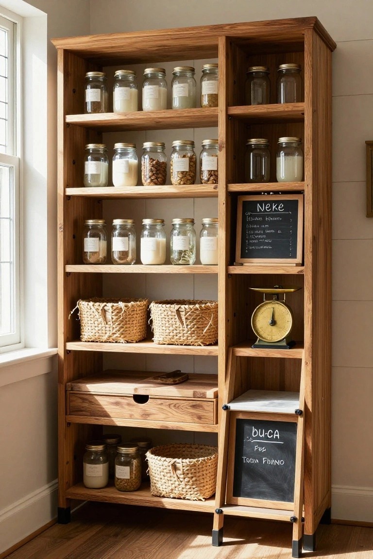 Wooden open shelving unit in a pantry stocked with labeled glass jars of dry goods and liquids, woven baskets, a brass scale, and chalkboard signs.