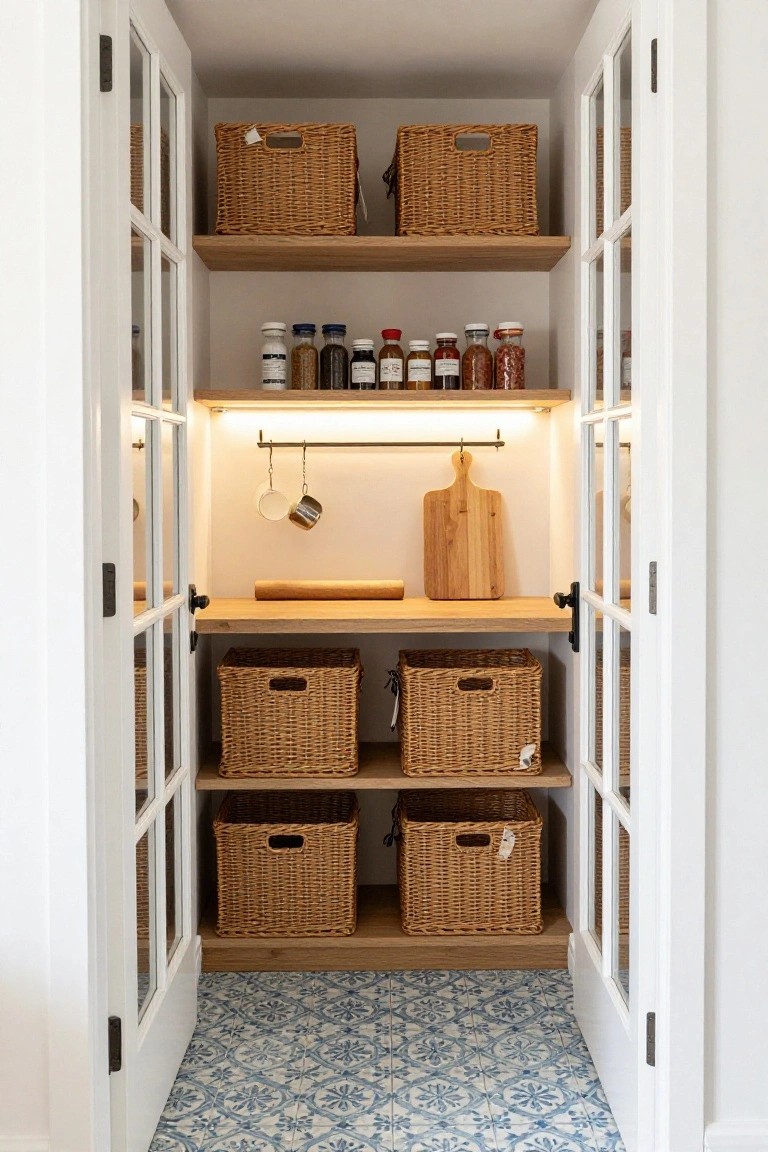Open pantry with wooden shelves, woven baskets, spice jars, and hanging utensils.