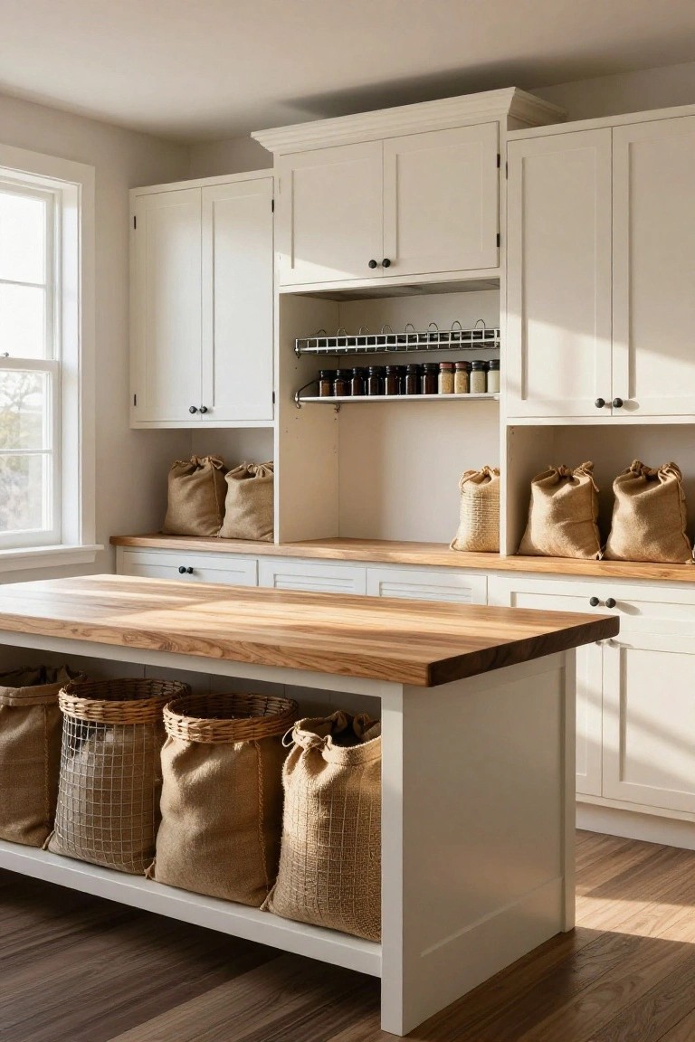 White cabinets with open shelving holding spice jars above burlap sacks, wooden island with wicker baskets and more burlap bags underneath, natural light from window in a bright pantry room.