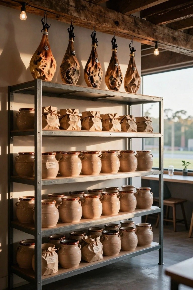 Tall metal shelving unit in a rustic interior pantry displaying terracotta jars, brown paper packages, and cured hams hanging from wooden beams, with a window showing trees outside.