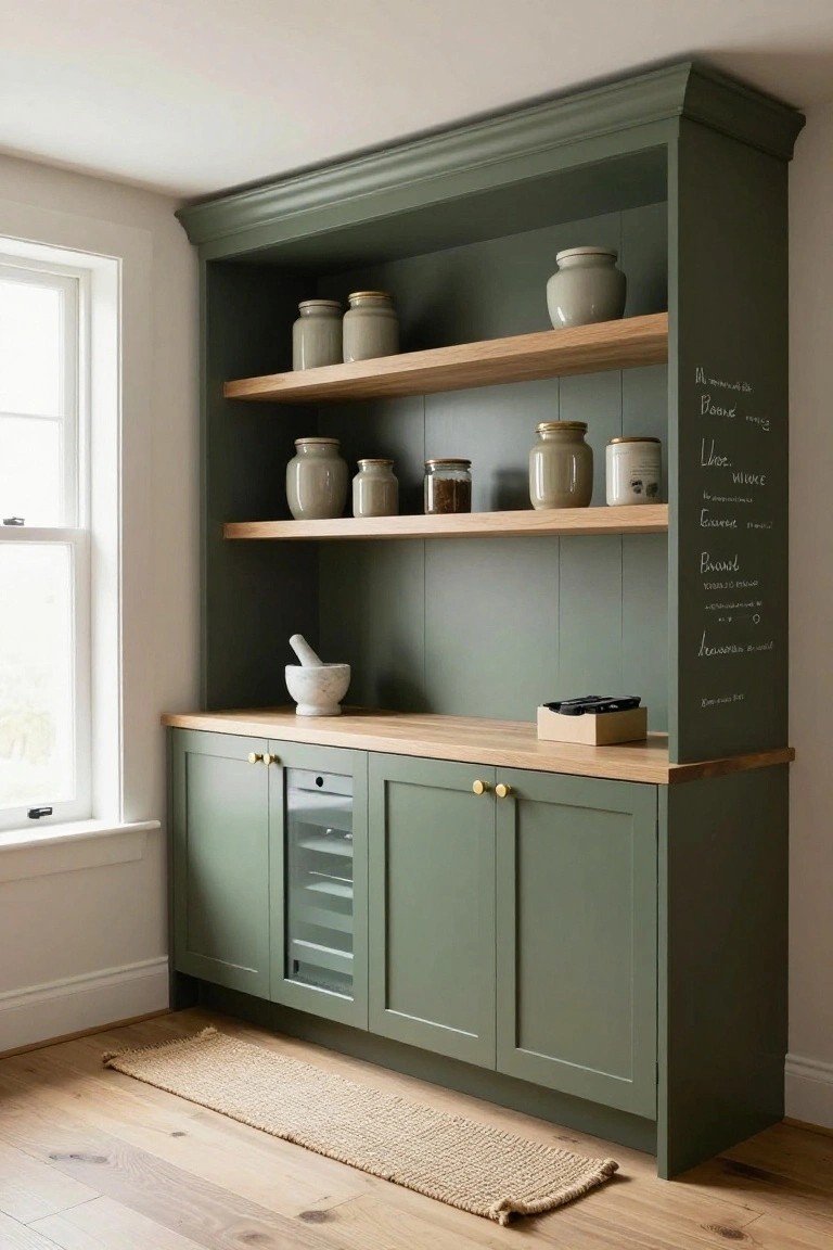 Tall sage green painted wooden pantry cabinet with open oak shelves stocked with ceramic jars, a white marble mortar and pestle on the oak countertop, lower cabinets including a glass-fronted wine fridge, and a chalkboard panel on the side with handwritten labels in a white-walled room with a window and wooden floor.
