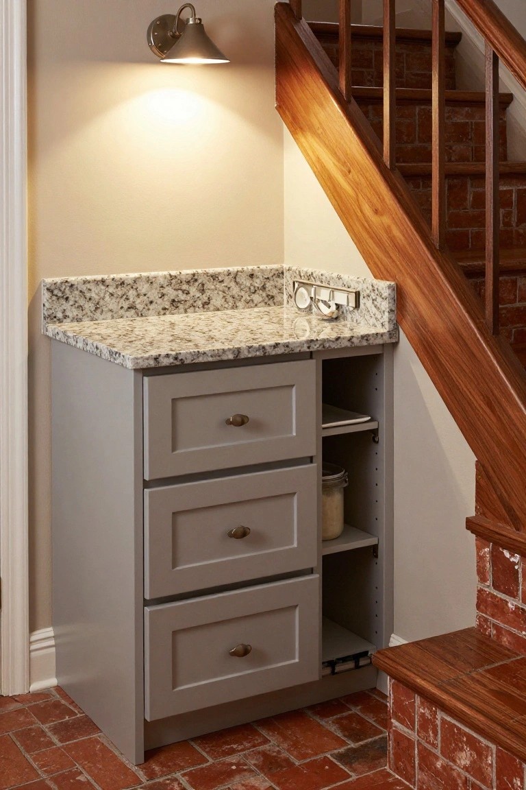 Gray three-drawer cabinet with granite countertop and open shelving holding jars, positioned beside a wooden staircase with brick risers on matching brick flooring, illuminated by a wall sconce.