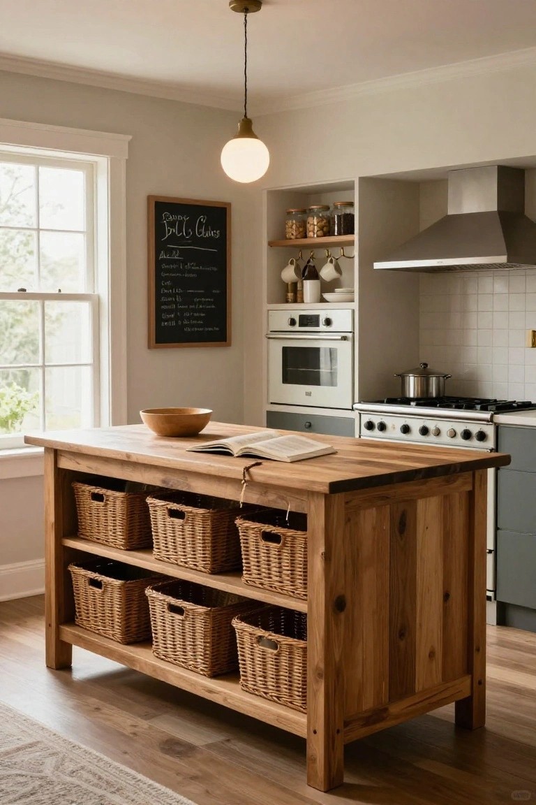 Wooden kitchen island with multiple wicker baskets stored in open lower shelves, an open book and wooden bowl on the countertop, beside gray lower cabinets, white appliances, and a chalkboard menu on the wall in a bright kitchen.