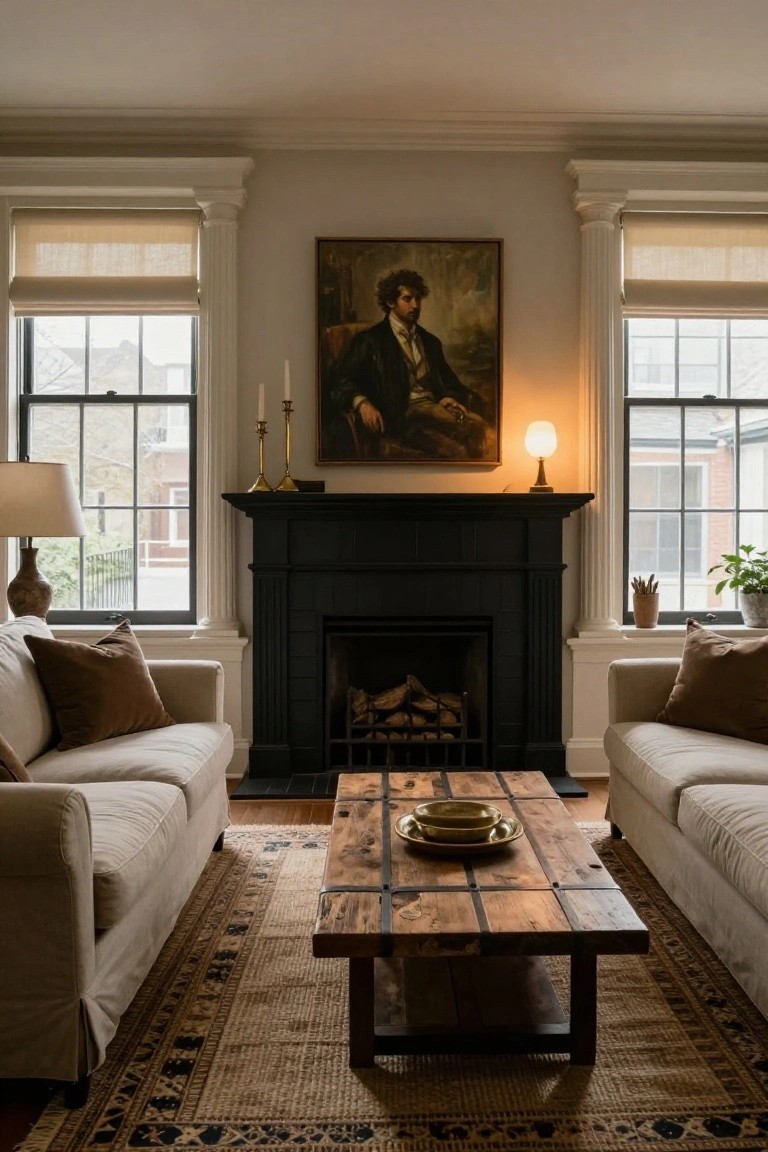A living room in a colonial-style home featuring a black brick fireplace mantel with wood stacked inside, flanked by cream slipcovered sofas, a wooden coffee table on a patterned rug, large windows with linen shades, and a portrait painting above the mantel.
