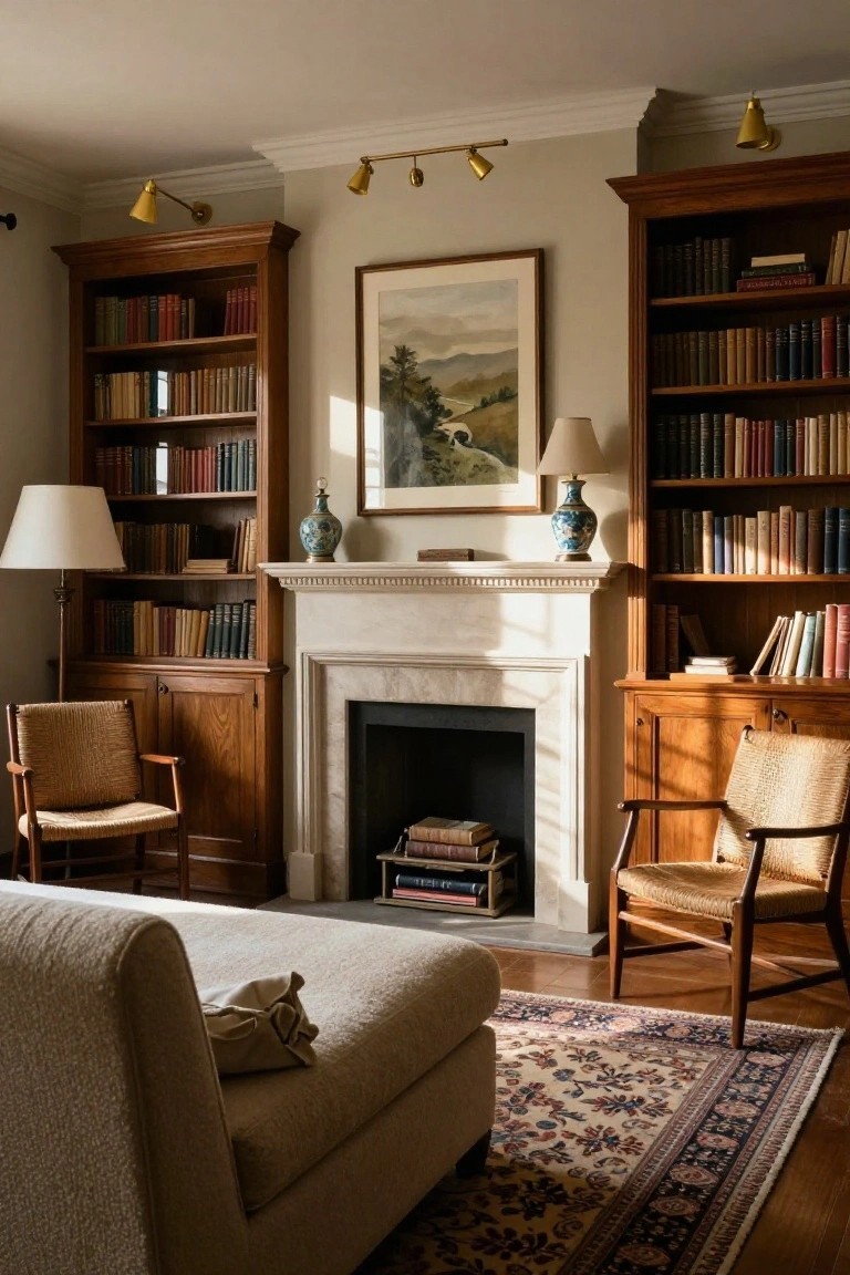 Living room with tall wooden bookcases flanking a white marble fireplace mantel, filled with books, flanked by beige armchairs, a cream daybed sofa, table lamps, and a patterned rug on hardwood floors.