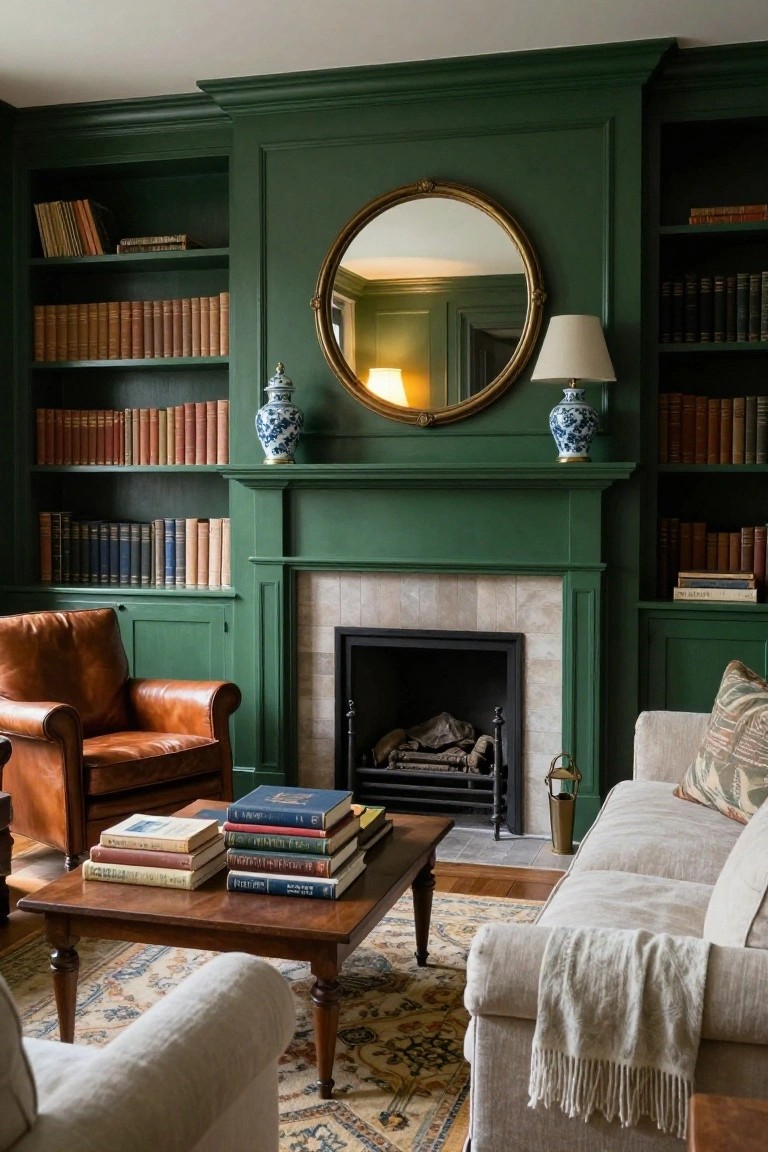 Living room with emerald green painted built-in bookshelves and paneling around a fireplace, tan leather armchairs, beige sofa, wooden coffee table with stacked books, and brass accessories.