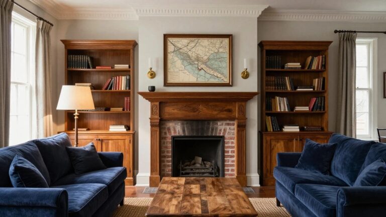 21 Elegant Colonial Interior Design Living Room Ideas That Feel Fresh Living room with tall gray built-in bookcases flanking a brick fireplace mantel, two beige linen sofas facing a wooden coffee table, seagrass rug, and framed map on the wall.