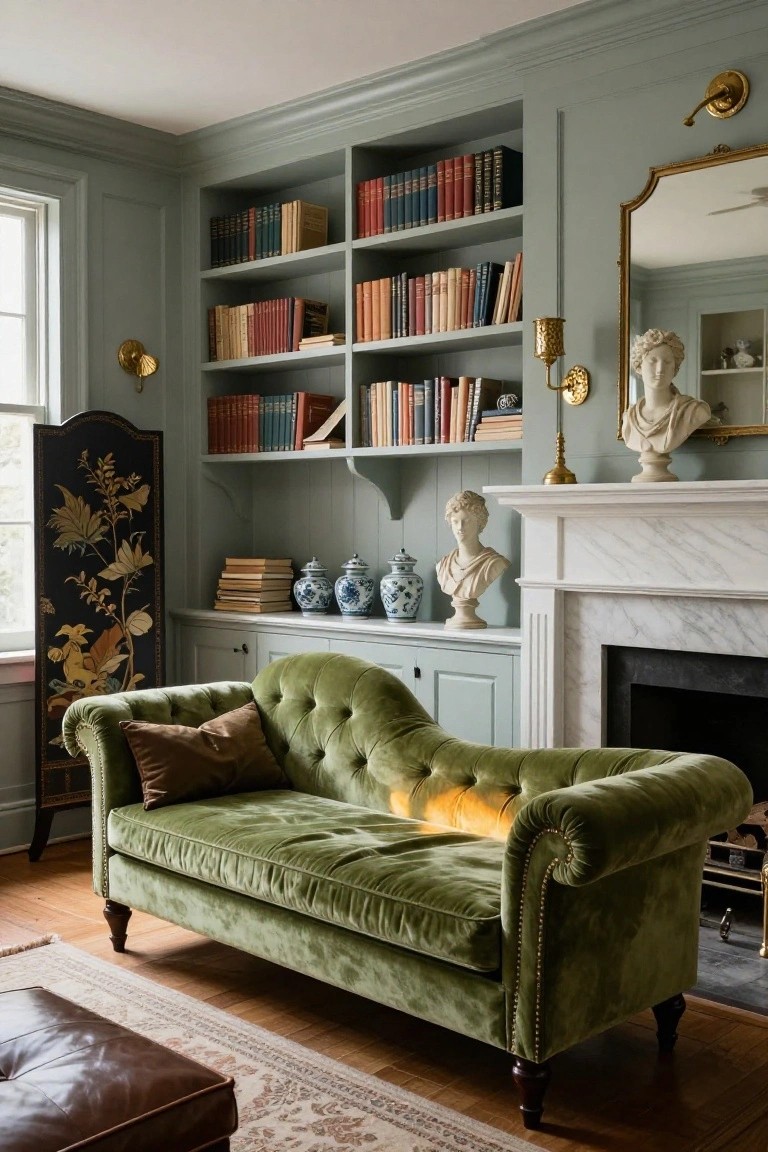 Sage green paneled living room with emerald green velvet tufted sofa, built-in bookshelves filled with books, marble fireplace flanked by white bust sculptures and blue white porcelain jars, gold accents, black lacquer screen, and patterned rug with leather stool.