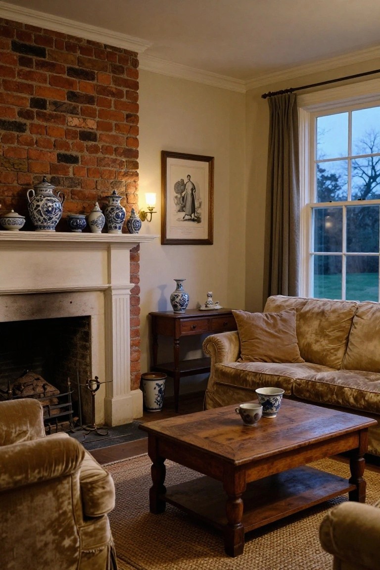 Living room with exposed brick fireplace, mantel and shelf lined with blue and white porcelain ginger jars and vases, tan velvet sofas and armchairs, wooden coffee table, side table, and large window with curtains.