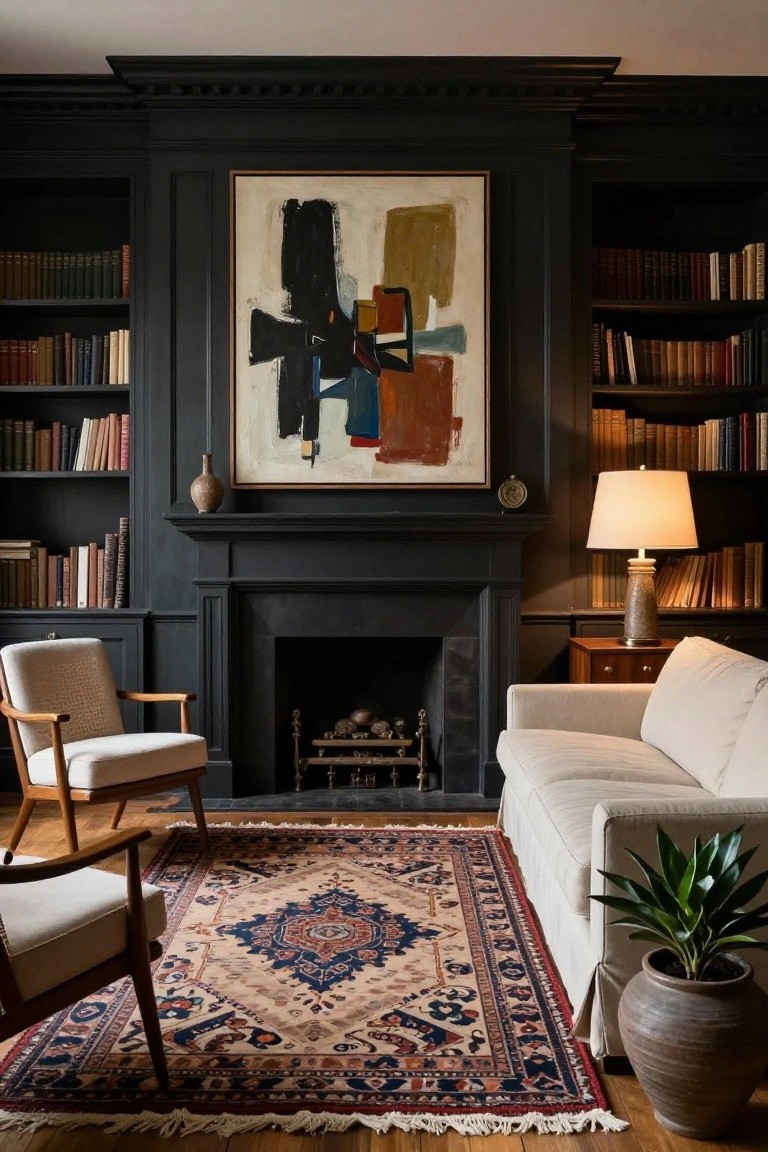 A living room library with dark navy paneled walls, floor-to-ceiling bookshelves flanking a black fireplace, large abstract painting above the mantel, two cream armchairs, a cream sofa, oriental rug, and potted plant.